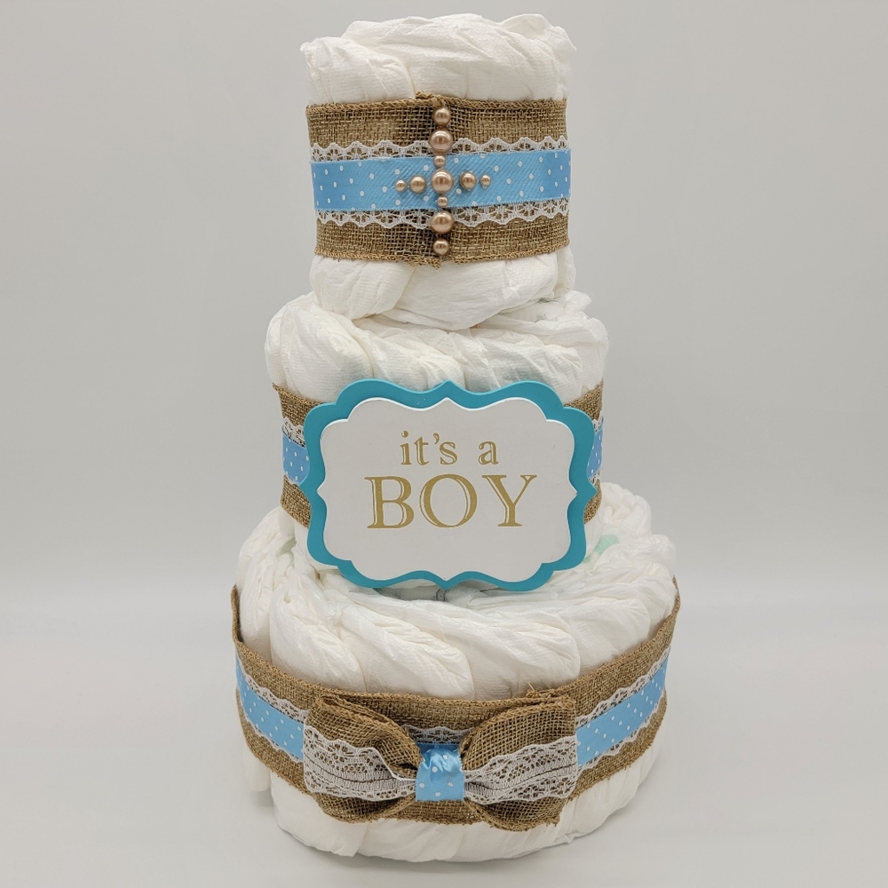 "It's A Boy" burlap and blue diaper cake